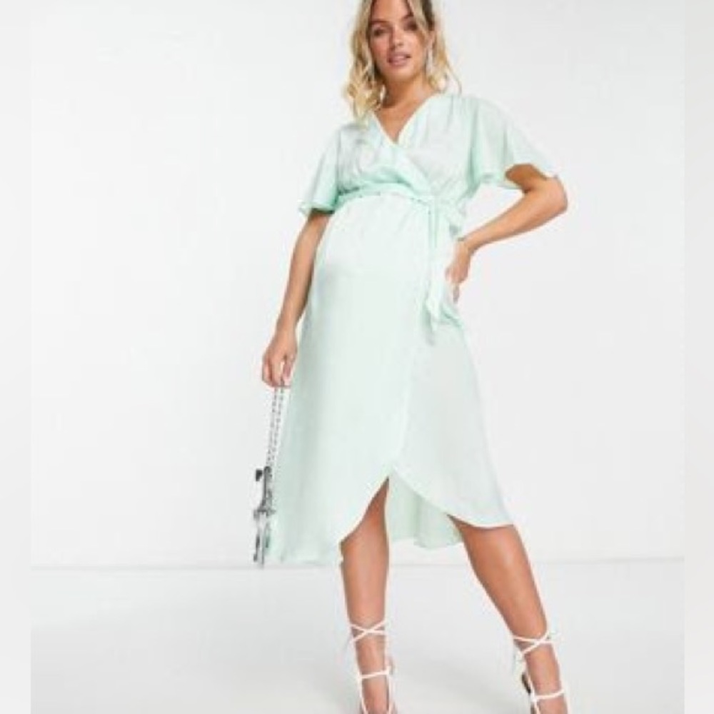 River island maternity flutter sleeve satin wrap midi dress, Sage Green, 8